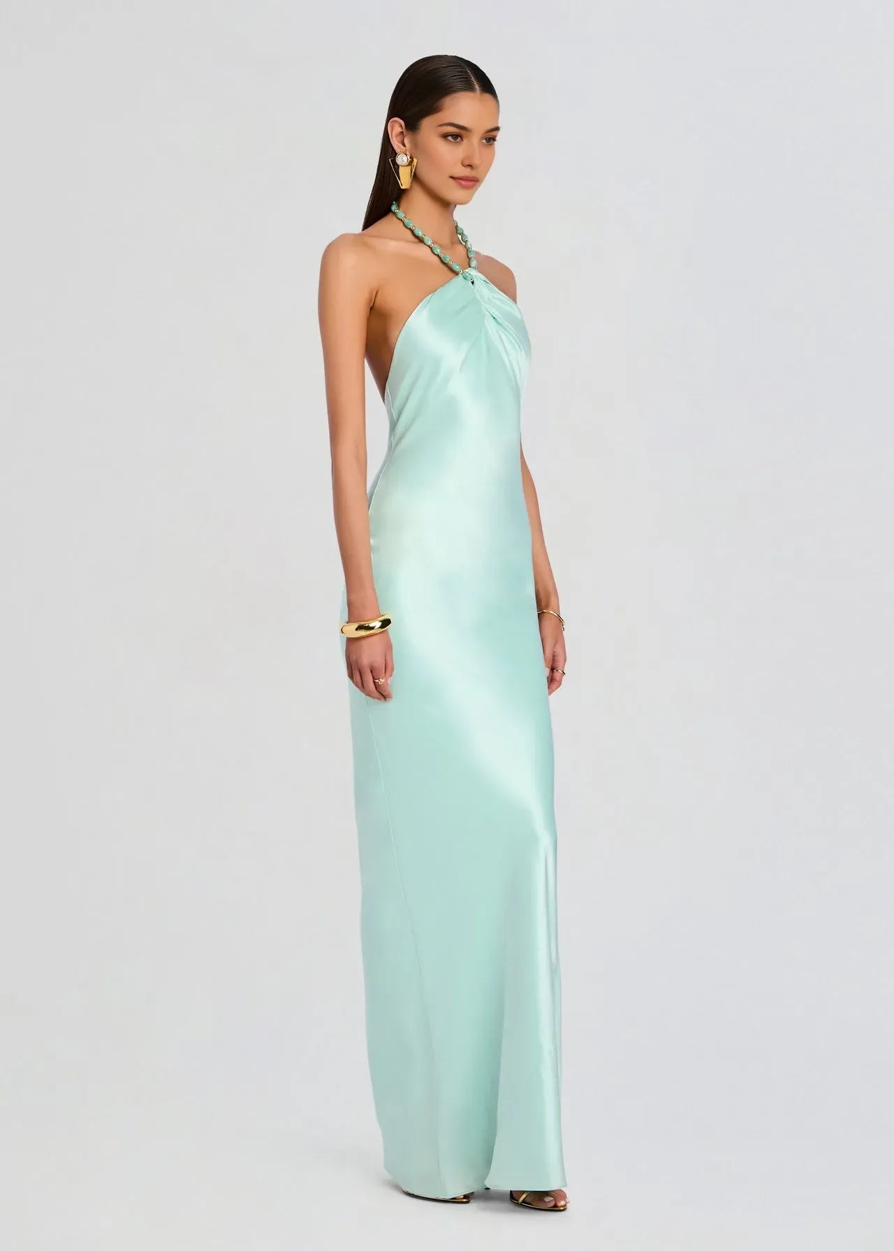 Romantic Sheath Halter Neck Sleeveless Beaded Backless Satin Ankle-Length Prom Dresses
