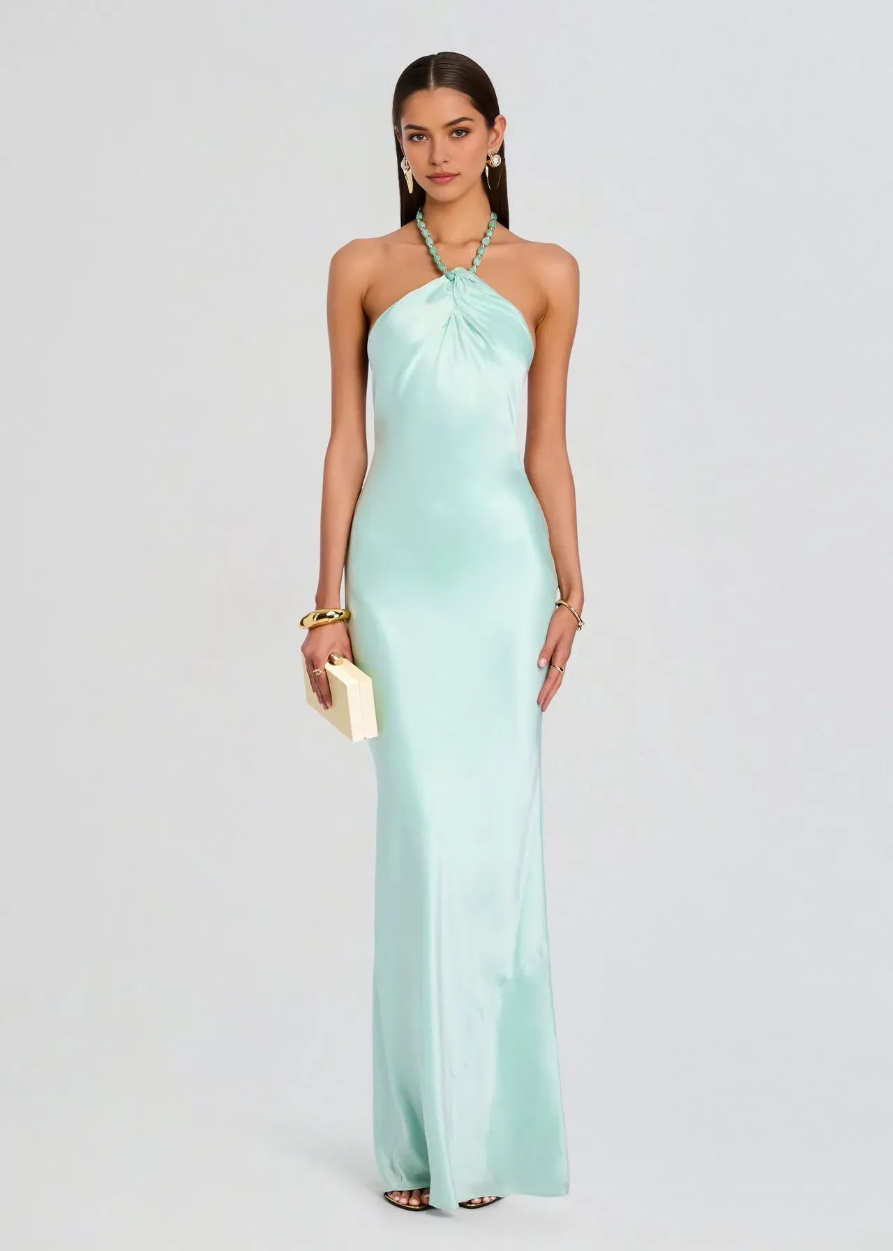 Romantic Sheath Halter Neck Sleeveless Beaded Backless Satin Ankle-Length Prom Dresses
