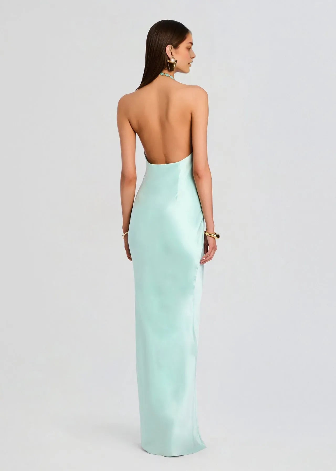 Romantic Sheath Halter Neck Sleeveless Beaded Backless Satin Ankle-Length Prom Dresses