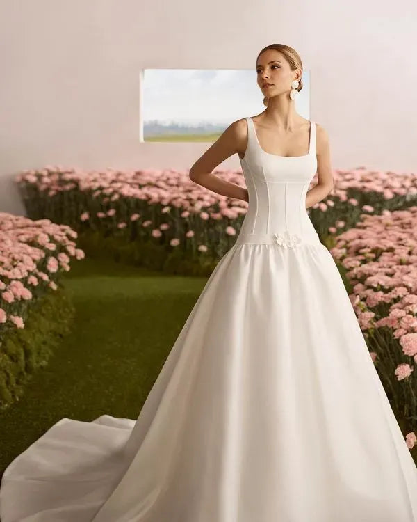 Romantic Sheath Round Neckline Strapless Lace Button Back Side-Slit Sweep/Brush Train Wedding Dresses