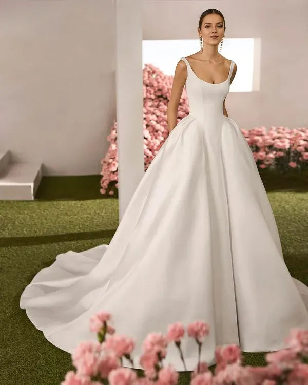 Romantic Sheath Round Neckline Strapless Lace Button Back Side-Slit Sweep/Brush Train Wedding Dresses