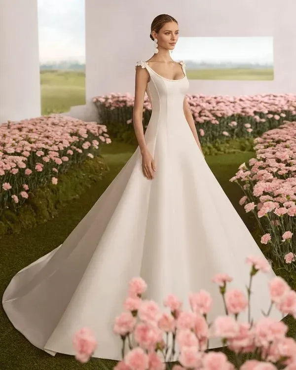 Romantic Sheath Round Neckline Strapless Lace Button Back Side-Slit Sweep/Brush Train Wedding Dresses