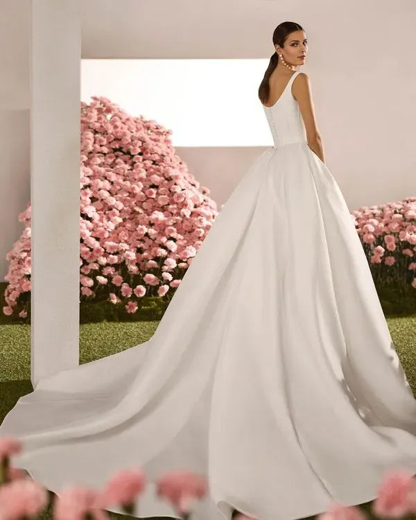Romantic Sheath Round Neckline Strapless Lace Button Back Side-Slit Sweep/Brush Train Wedding Dresses