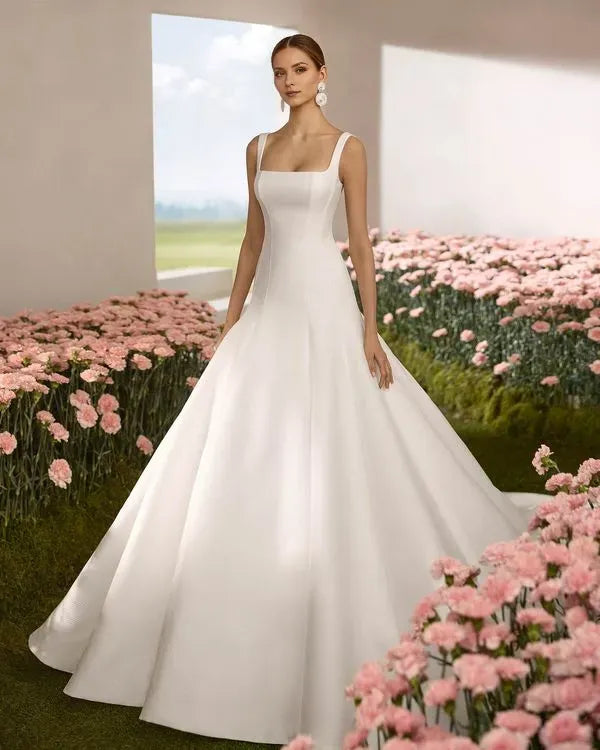 Romantic Sheath Round Neckline Strapless Lace Button Back Side-Slit Sweep/Brush Train Wedding Dresses