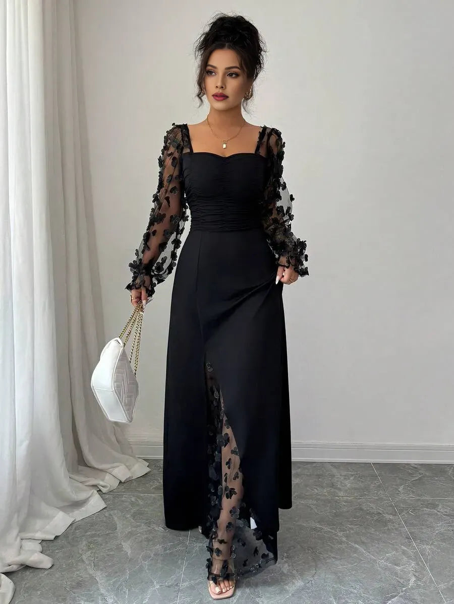 Romantic Sheath Sweetheart Neck Long-Sleeve Floral Black Maxi Evening Dress for Women Ready to Ship