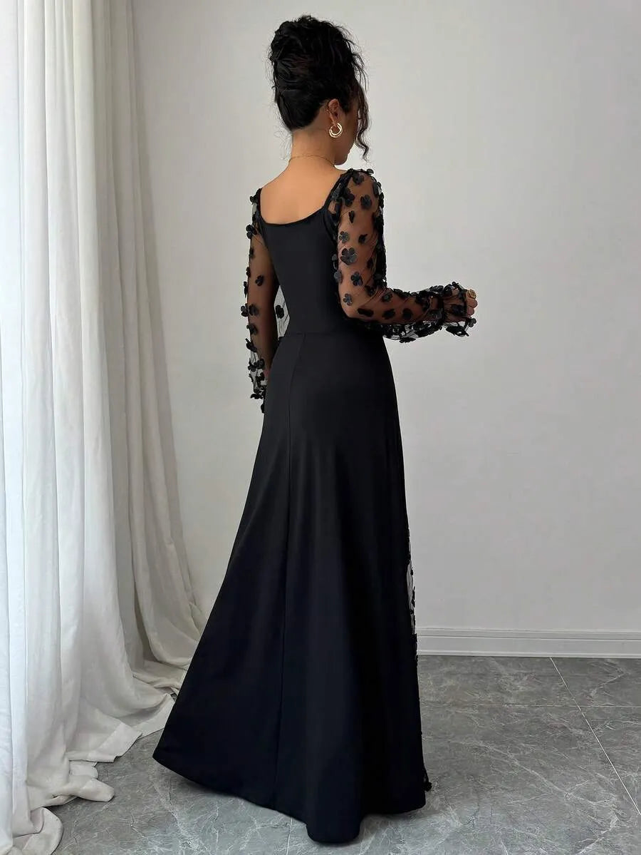 Romantic Sheath Sweetheart Neck Long-Sleeve Floral Black Maxi Evening Dress for Women Ready to Ship