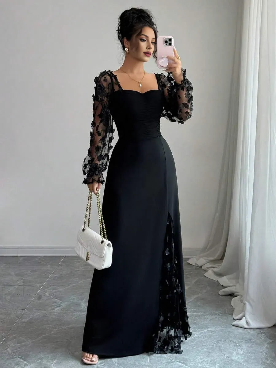 Romantic Sheath Sweetheart Neck Long-Sleeve Floral Black Maxi Evening Dress for Women Ready to Ship