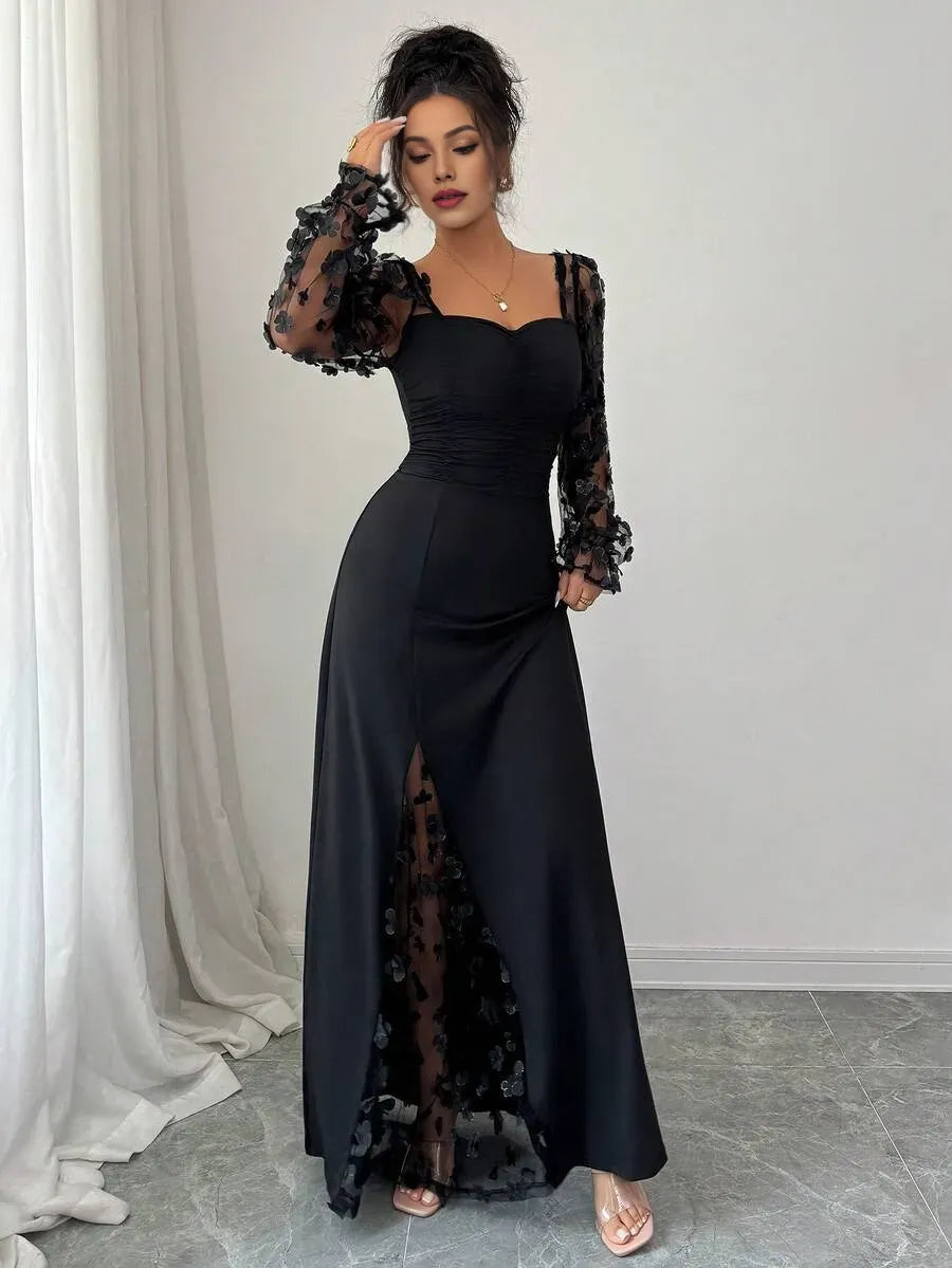 Romantic Sheath Sweetheart Neck Long-Sleeve Floral Black Maxi Evening Dress for Women Ready to Ship
