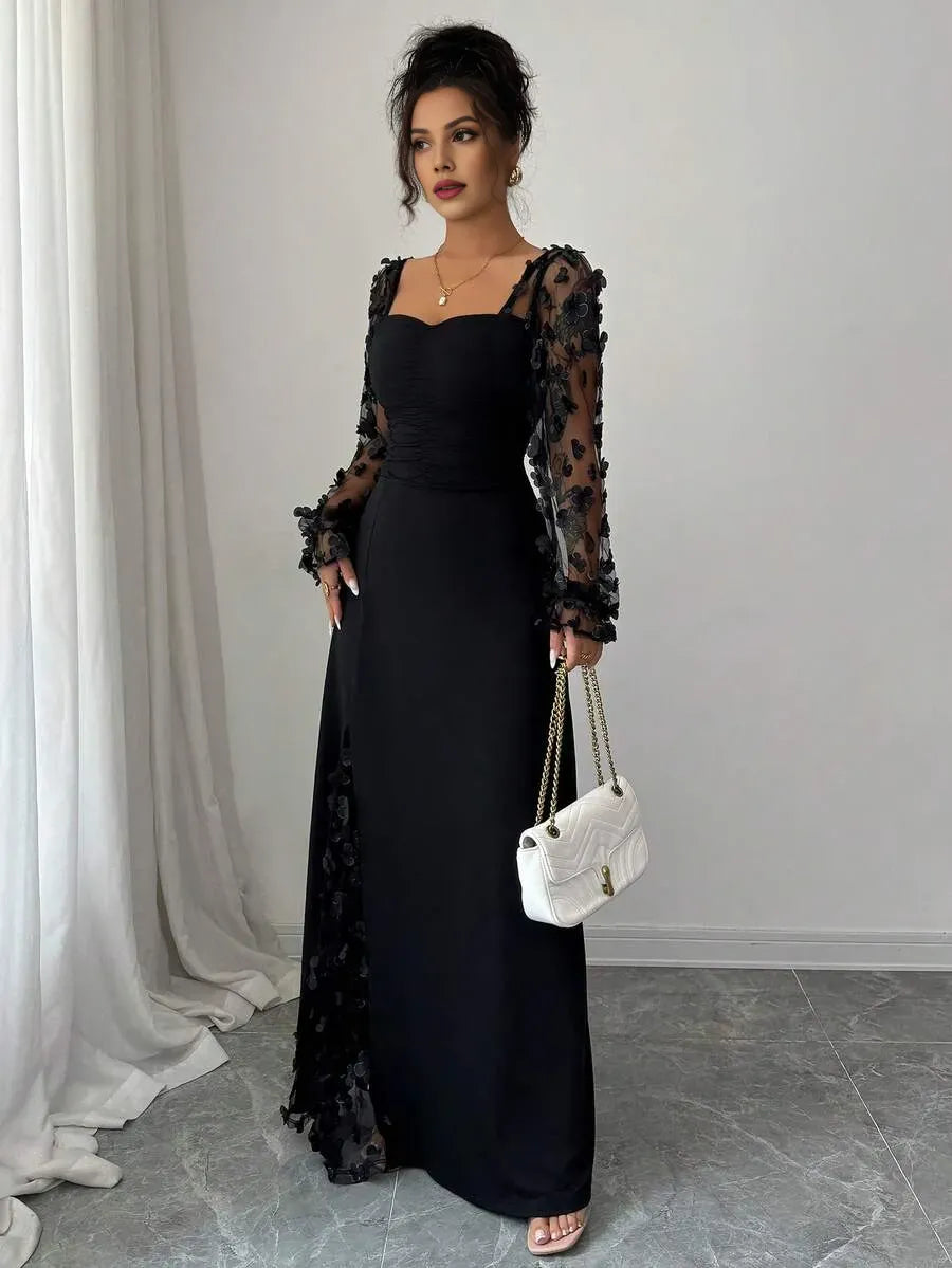 Romantic Sheath Sweetheart Neck Long-Sleeve Floral Black Maxi Evening Dress for Women Ready to Ship