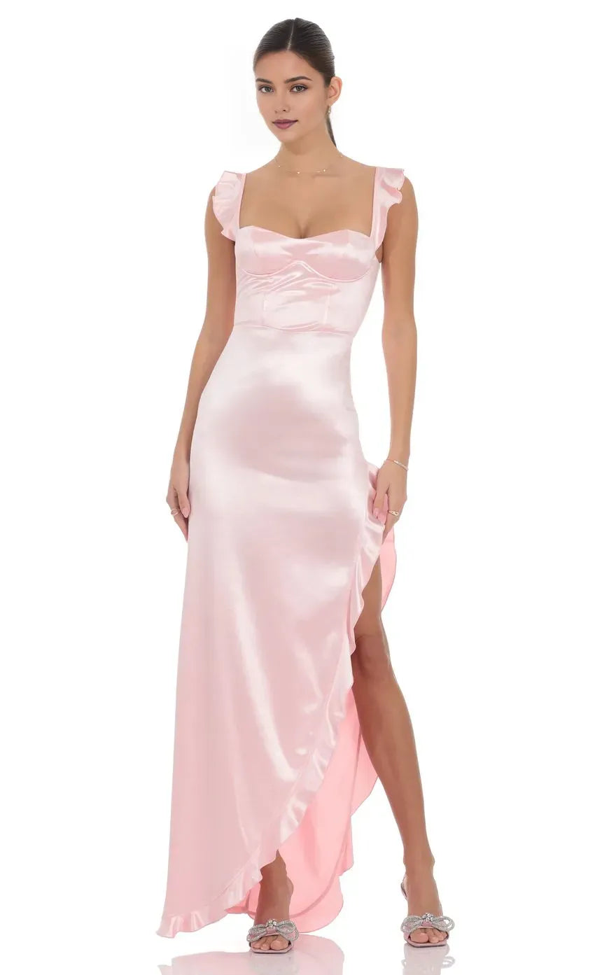 Romantic Sheath Sweetheart Neck Ruffled Strap Lace Up Back High Low Prom Dresses with Slit