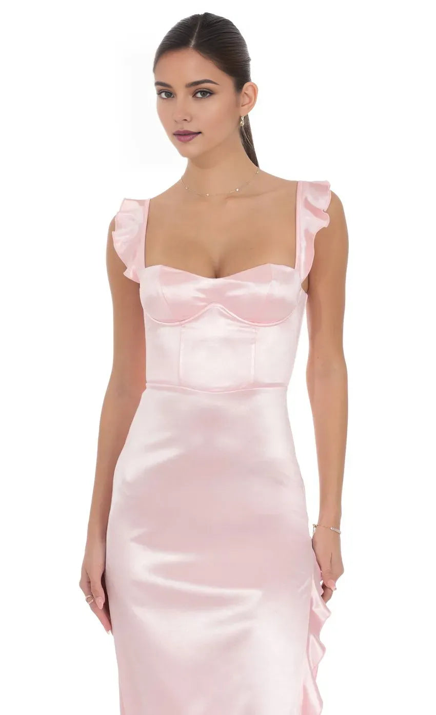 Romantic Sheath Sweetheart Neck Ruffled Strap Lace Up Back High Low Prom Dresses with Slit