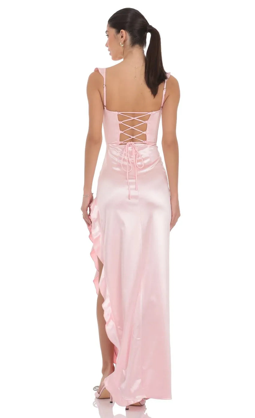 Romantic Sheath Sweetheart Neck Ruffled Strap Lace Up Back High Low Prom Dresses with Slit
