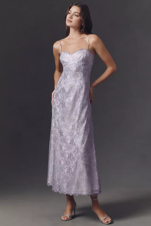 Romantic Sheath Sweetheart Spaghetti-Strap Metallic Lace Back Zip Tea-Length Prom Dress ﻿