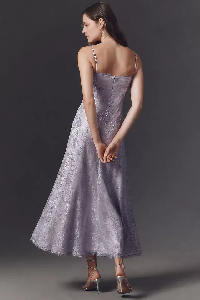 Romantic Sheath Sweetheart Spaghetti-Strap Metallic Lace Back Zip Tea-Length Prom Dress ﻿