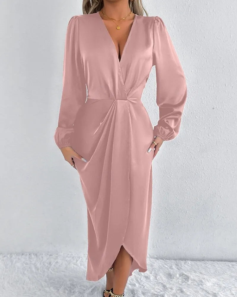 Romantic Sheath V-Neck Long Sleeve Ruched Blush Pink Midi Evening Dress for Women Ready to Ship