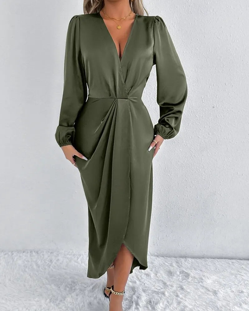 Romantic Sheath V-Neck Long Sleeve Ruched Blush Pink Midi Evening Dress for Women Ready to Ship