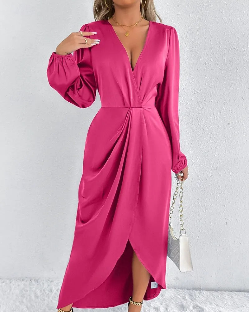 Romantic Sheath V-Neck Long Sleeve Ruched Blush Pink Midi Evening Dress for Women Ready to Ship