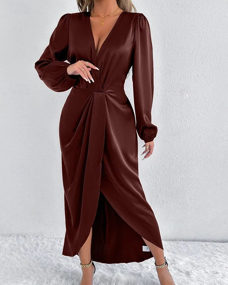 Romantic Sheath V-Neck Long Sleeve Ruched Blush Pink Midi Evening Dress for Women Ready to Ship