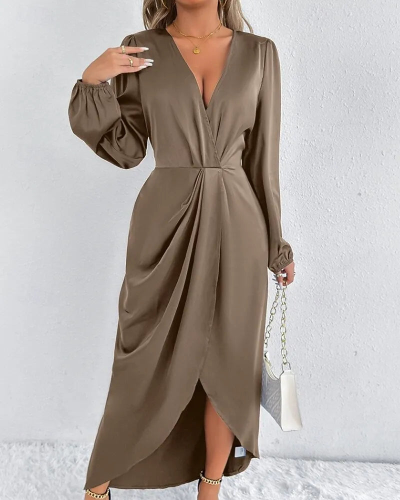 Romantic Sheath V-Neck Long Sleeve Ruched Blush Pink Midi Evening Dress for Women Ready to Ship