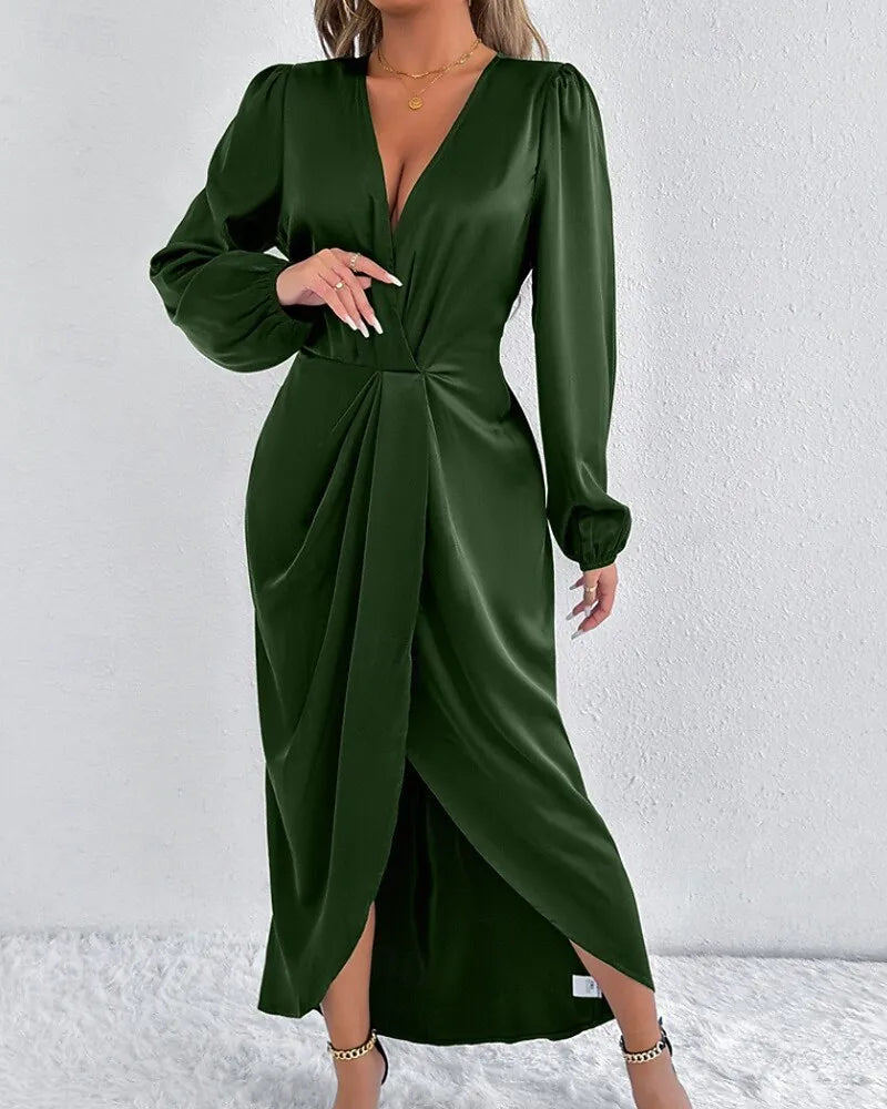 Romantic Sheath V-Neck Long Sleeve Ruched Blush Pink Midi Evening Dress for Women Ready to Ship