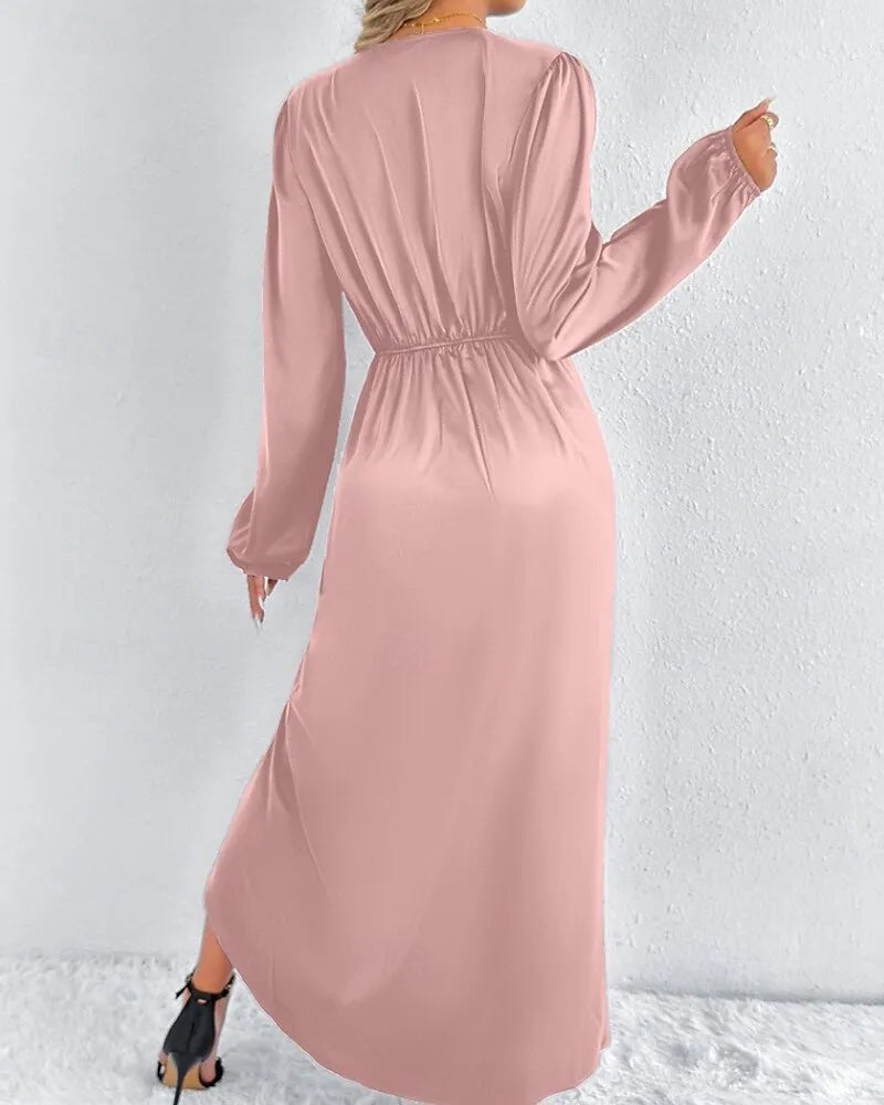 Romantic Sheath V-Neck Long Sleeve Ruched Blush Pink Midi Evening Dress for Women Ready to Ship