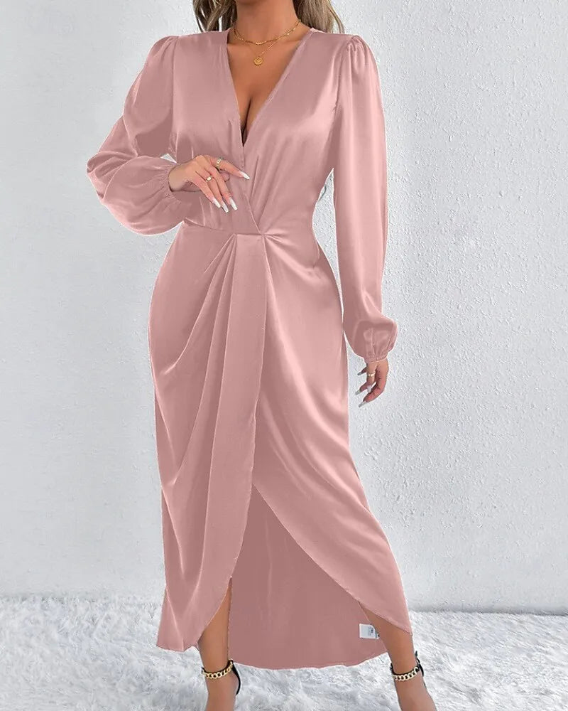 Romantic Sheath V-Neck Long Sleeve Ruched Blush Pink Midi Evening Dress for Women Ready to Ship