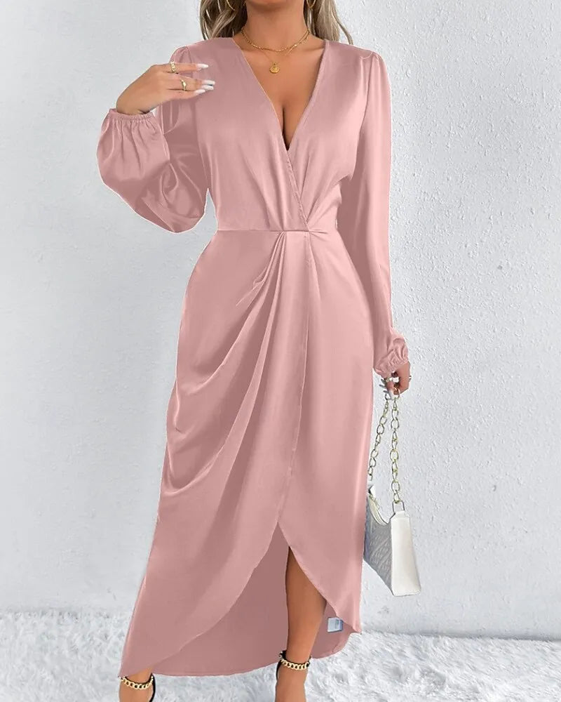 Romantic Sheath V-Neck Long Sleeve Ruched Blush Pink Midi Evening Dress for Women Ready to Ship
