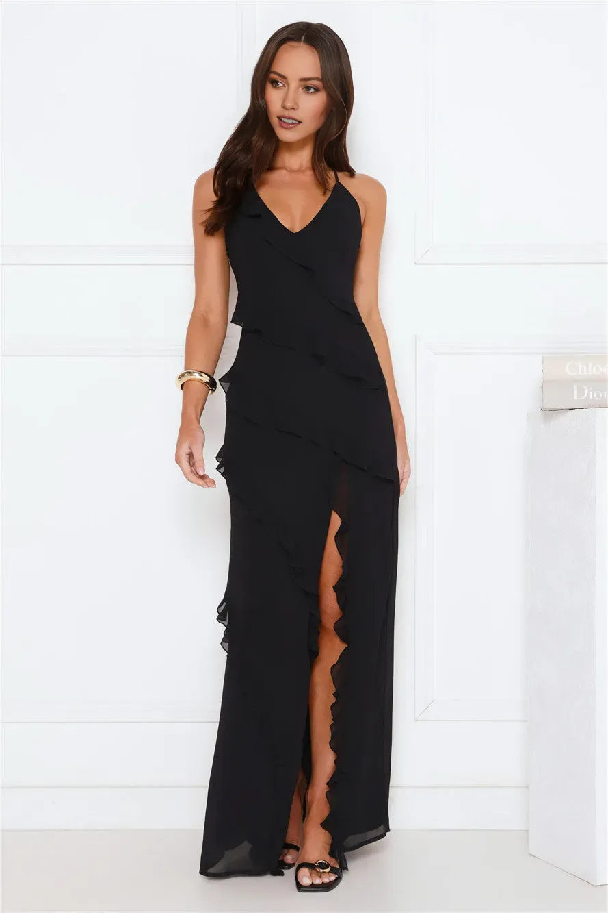 Romantic Sheath V-Neck Spaghetti Straps Back Zip Floor-Length Black Ruffle Chiffon Prom Dresses with High Slit