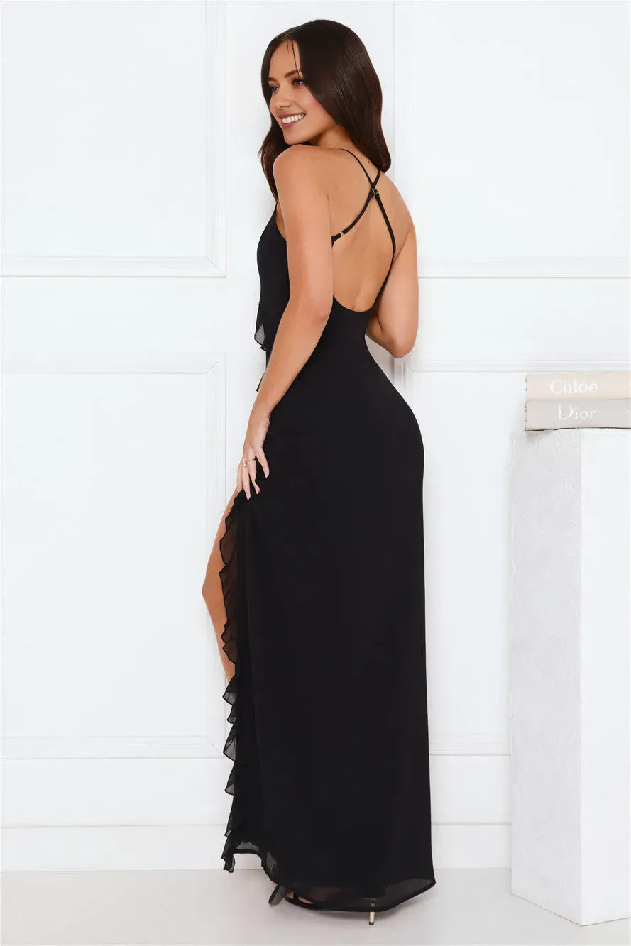 Romantic Sheath V-Neck Spaghetti Straps Back Zip Floor-Length Black Ruffle Chiffon Prom Dresses with High Slit