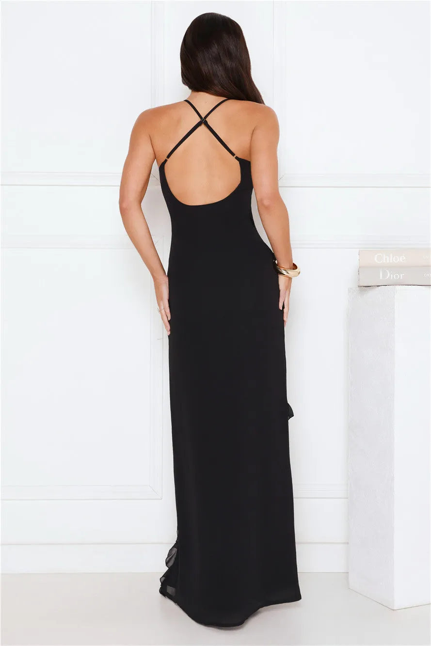 Romantic Sheath V-Neck Spaghetti Straps Back Zip Floor-Length Black Ruffle Chiffon Prom Dresses with High Slit