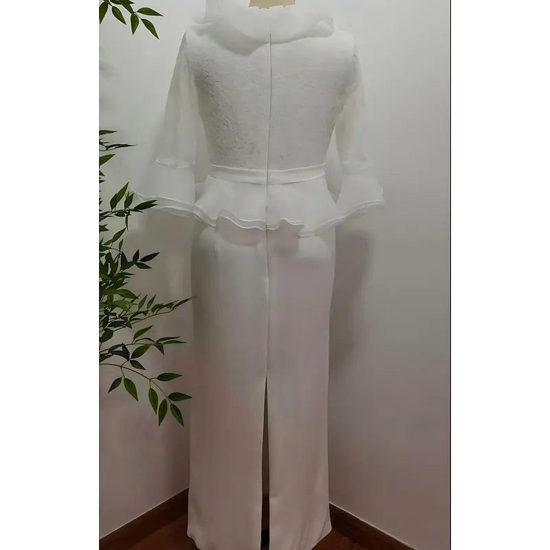 Romantic Sheath V-neck 3/4-sleeved Lace White Midi Evening Dress for Women Ready to Ship