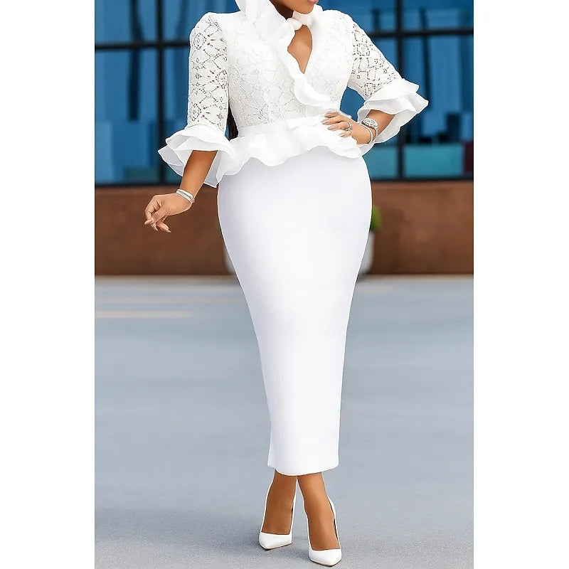 Romantic Sheath V-neck 3/4-sleeved Lace White Midi Evening Dress for Women Ready to Ship