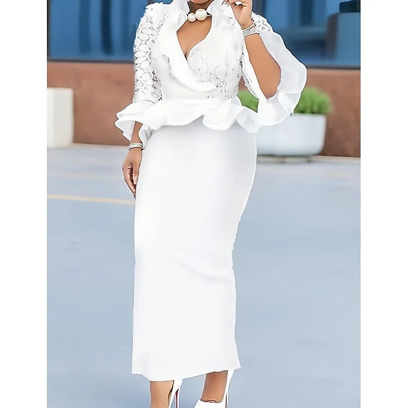 Romantic Sheath V-neck 3/4-sleeved Lace White Midi Evening Dress for Women Ready to Ship