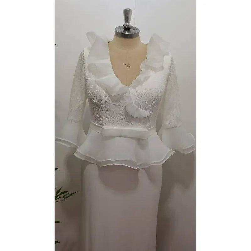Romantic Sheath V-neck 3/4-sleeved Lace White Midi Evening Dress for Women Ready to Ship