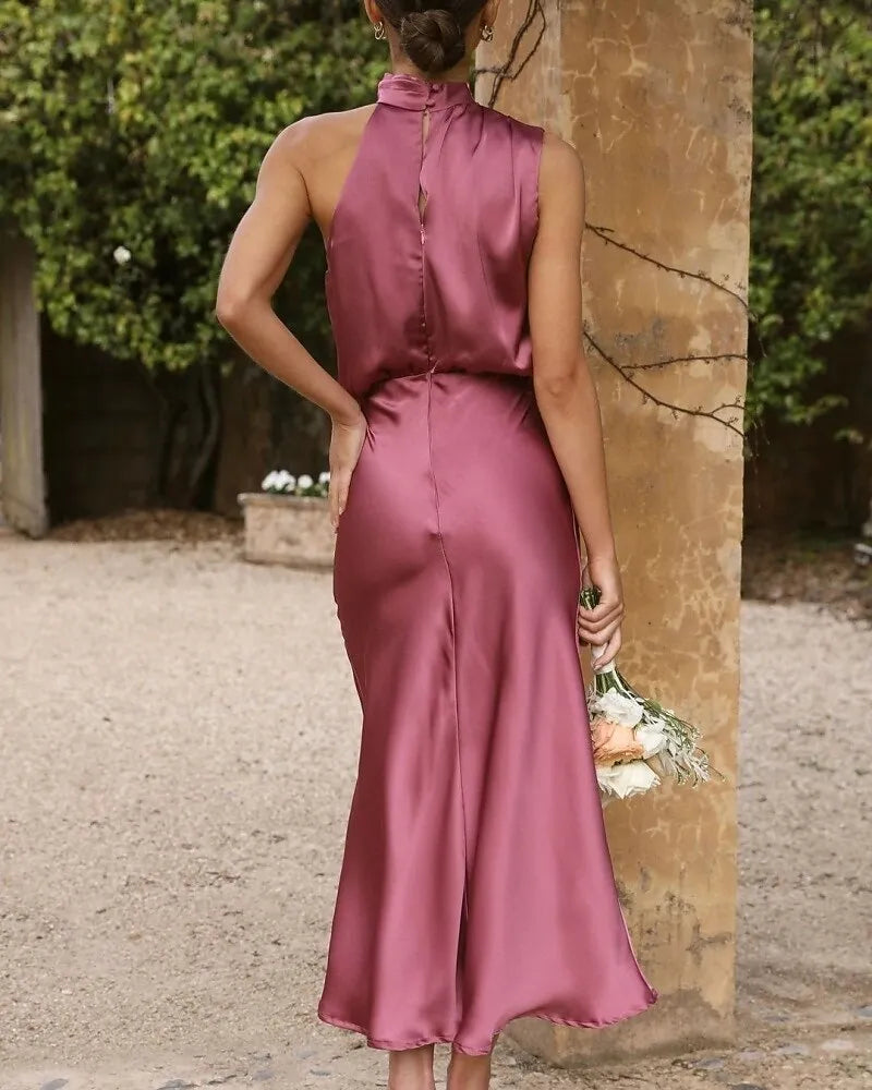 Romantic Slip Halter Neck Sleeveless Draped Dusty Rose Midi Prom Dress for Women Ready to Ship
