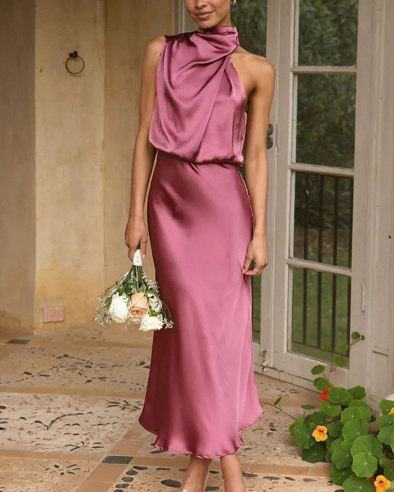 Romantic Slip Halter Neck Sleeveless Draped Dusty Rose Midi Prom Dress for Women Ready to Ship