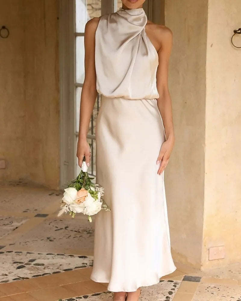 Romantic Slip Halter Neck Sleeveless Draped Dusty Rose Midi Prom Dress for Women Ready to Ship