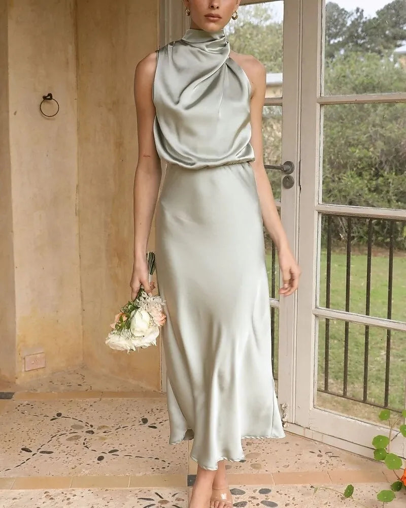 Romantic Slip Halter Neck Sleeveless Draped Dusty Rose Midi Prom Dress for Women Ready to Ship