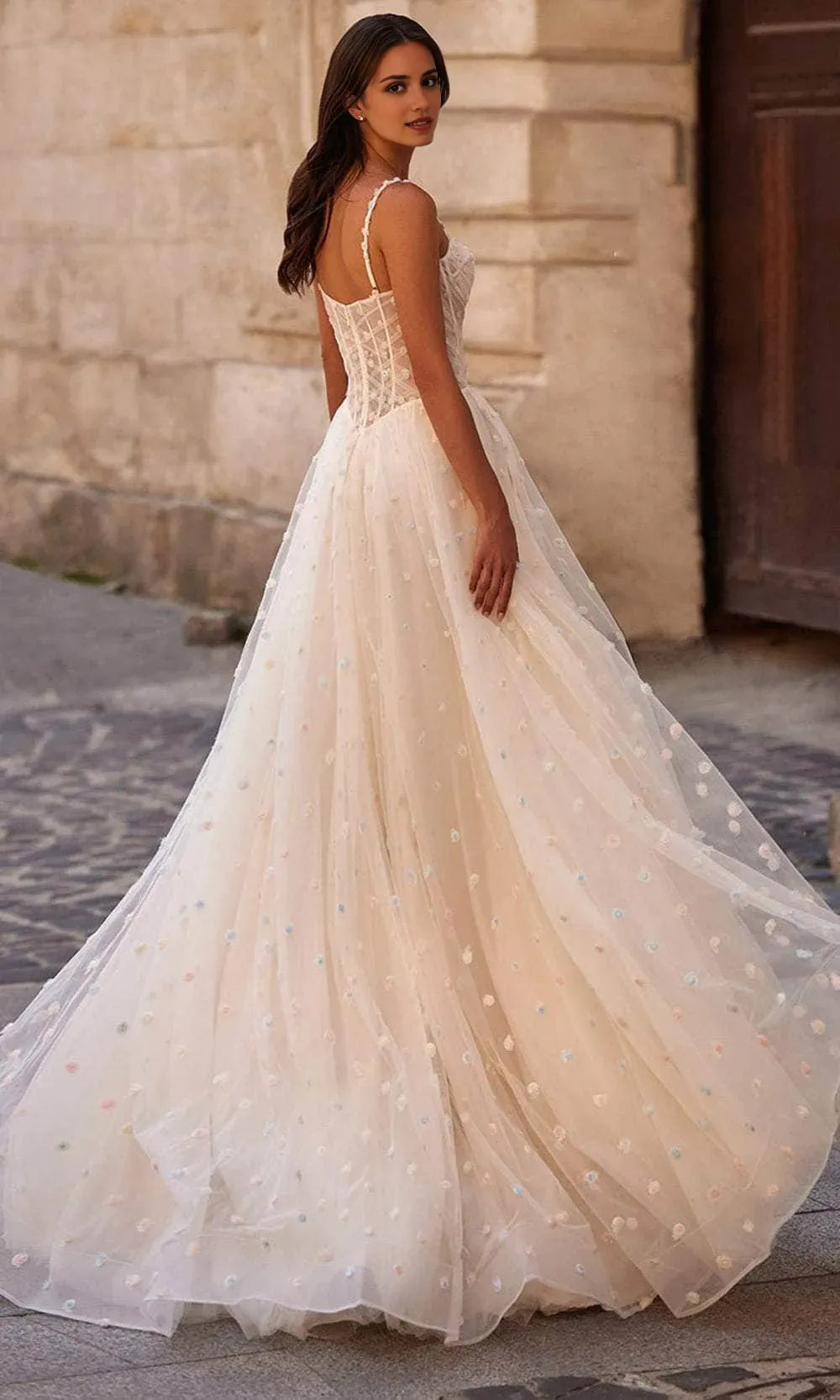 Romantic Spaghetti Strap Corset Ball Gown with  Floral Embellishments High  Slit Tulle Skirt Ideal for Prom Evening Galas