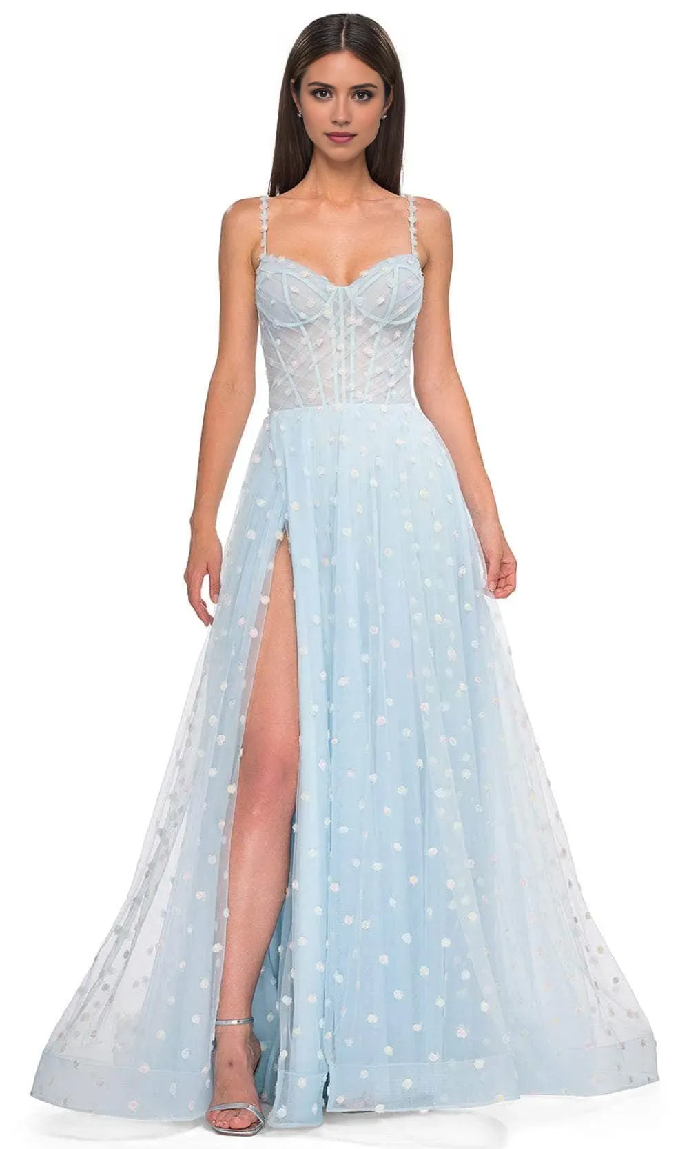 Romantic Spaghetti Strap Corset Ball Gown with  Floral Embellishments High  Slit Tulle Skirt Ideal for Prom Evening Galas
