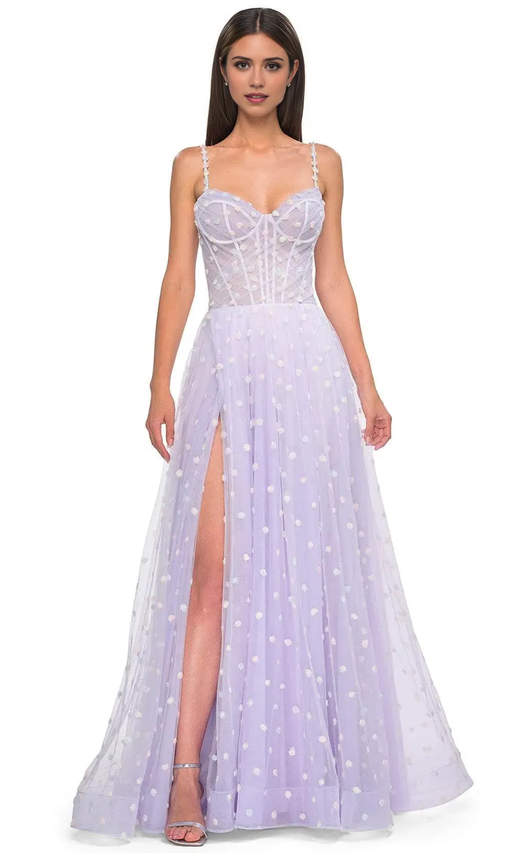 Romantic Spaghetti Strap Corset Ball Gown with  Floral Embellishments High  Slit Tulle Skirt Ideal for Prom Evening Galas