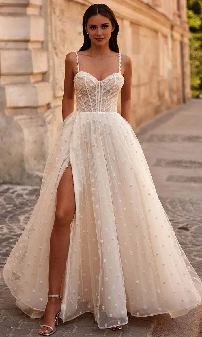 Romantic Spaghetti Strap Corset Ball Gown with  Floral Embellishments High  Slit Tulle Skirt Ideal for Prom Evening Galas