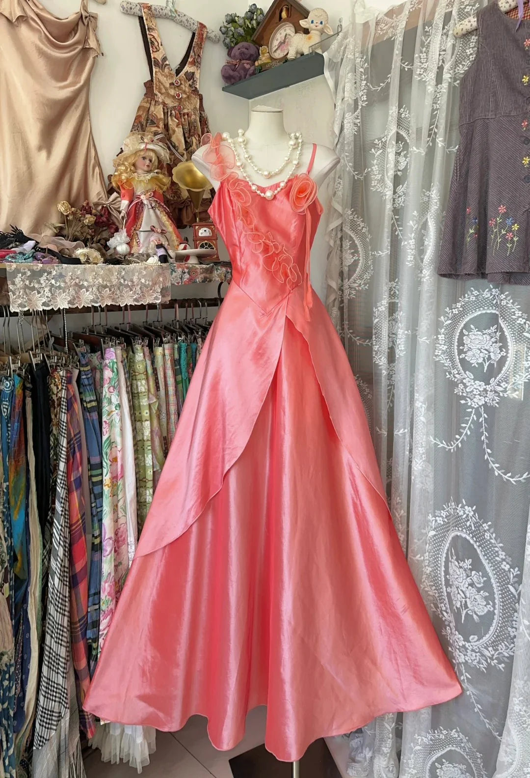 Romantic Spaghetti Strap Sleeveless Floral Coral Maxi Prom Dress