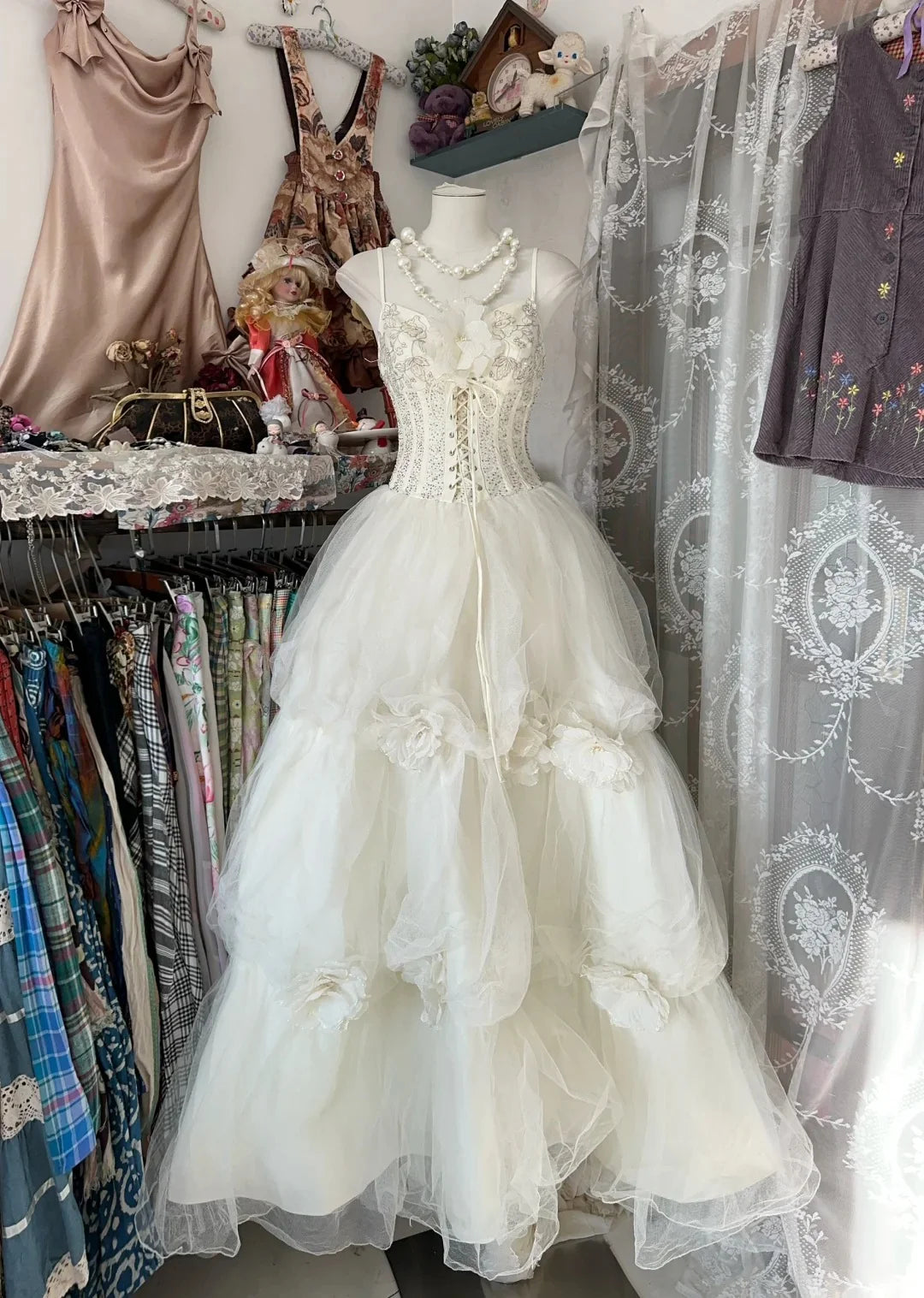 Romantic Spaghetti Strap Sleeveless Floral Ivory Maxi Prom Dress