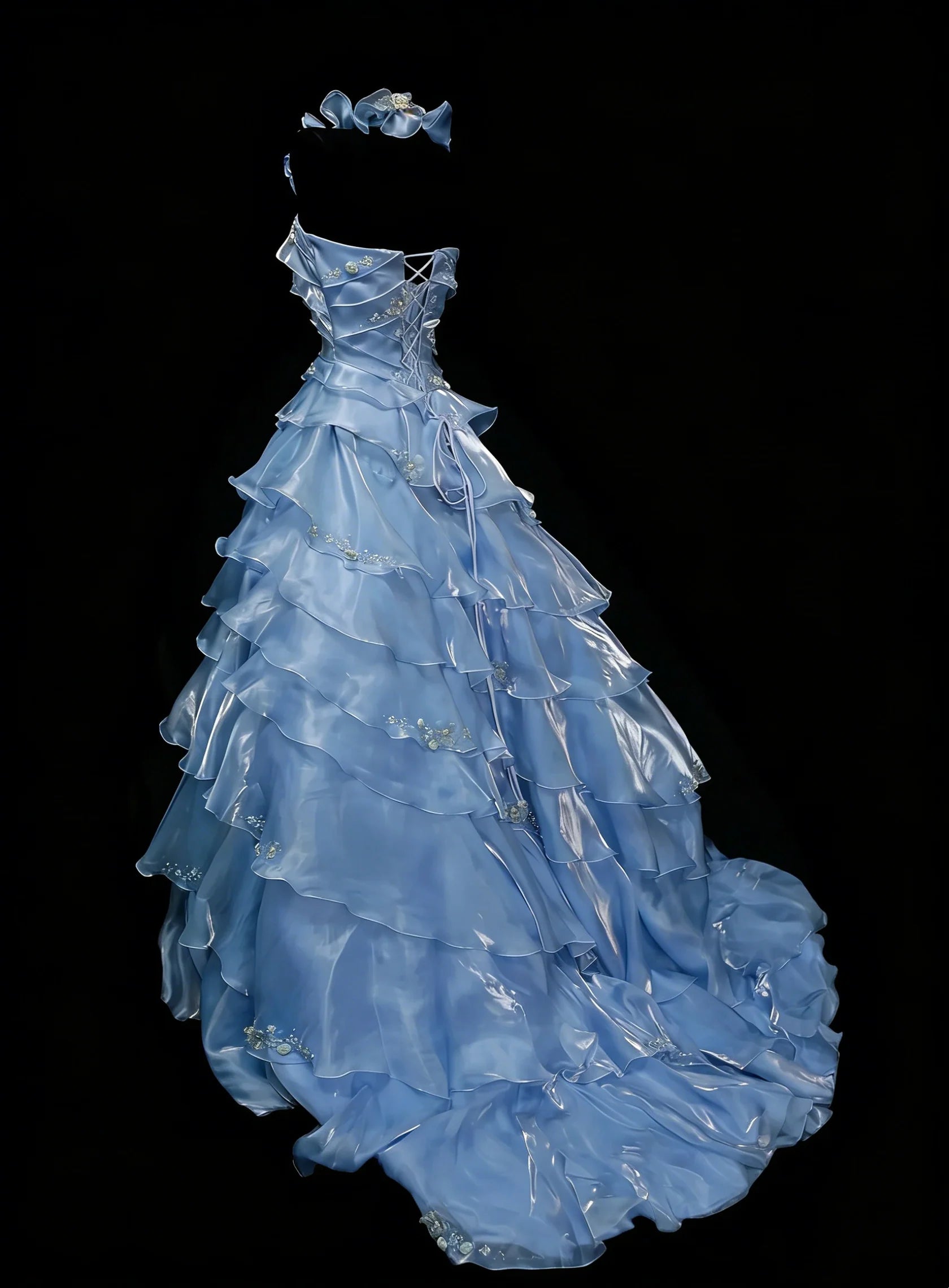 Romantic Spaghetti Strap Sleeveless Ruffled Light Blue Party Dress