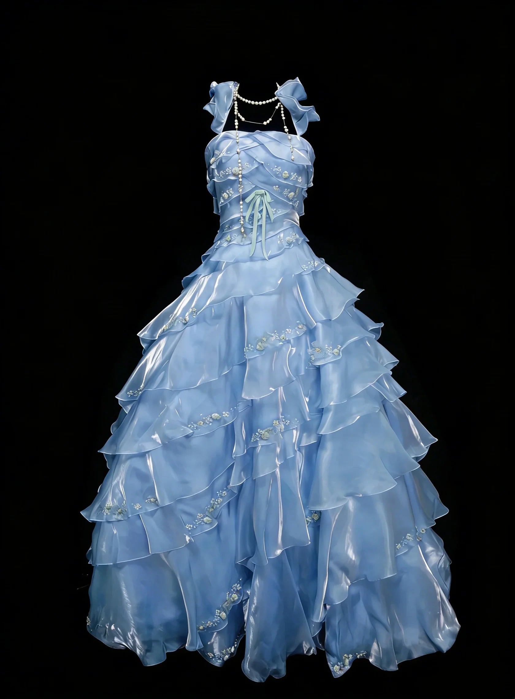 Romantic Spaghetti Strap Sleeveless Ruffled Light Blue Party Dress