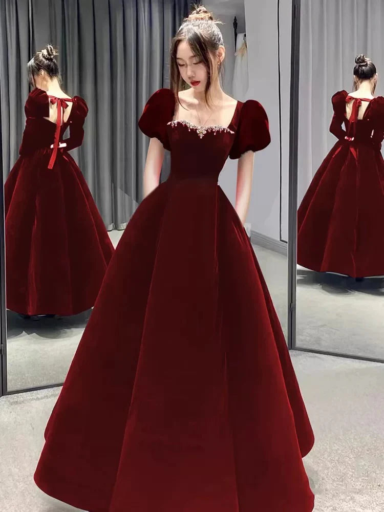 Romantic Square Neck Puff Sleeve Beaded Red Maxi Prom Dress