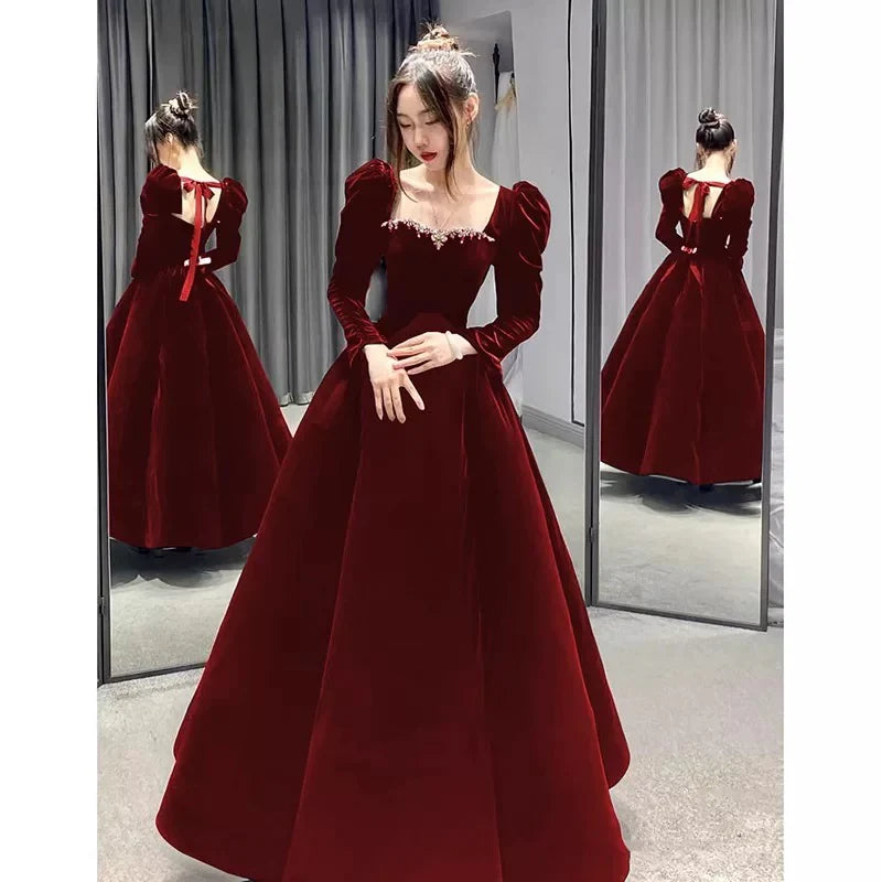 Romantic Square Neck Puff Sleeve Beaded Red Maxi Prom Dress
