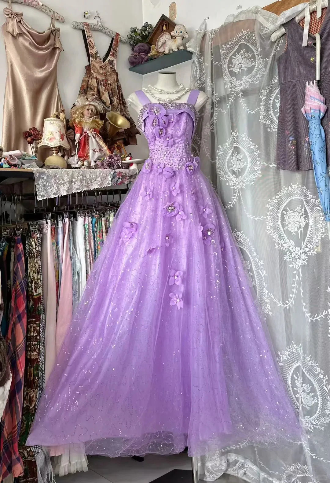Romantic Square Neck Sleeveless Floral Lavender Maxi Prom Dress