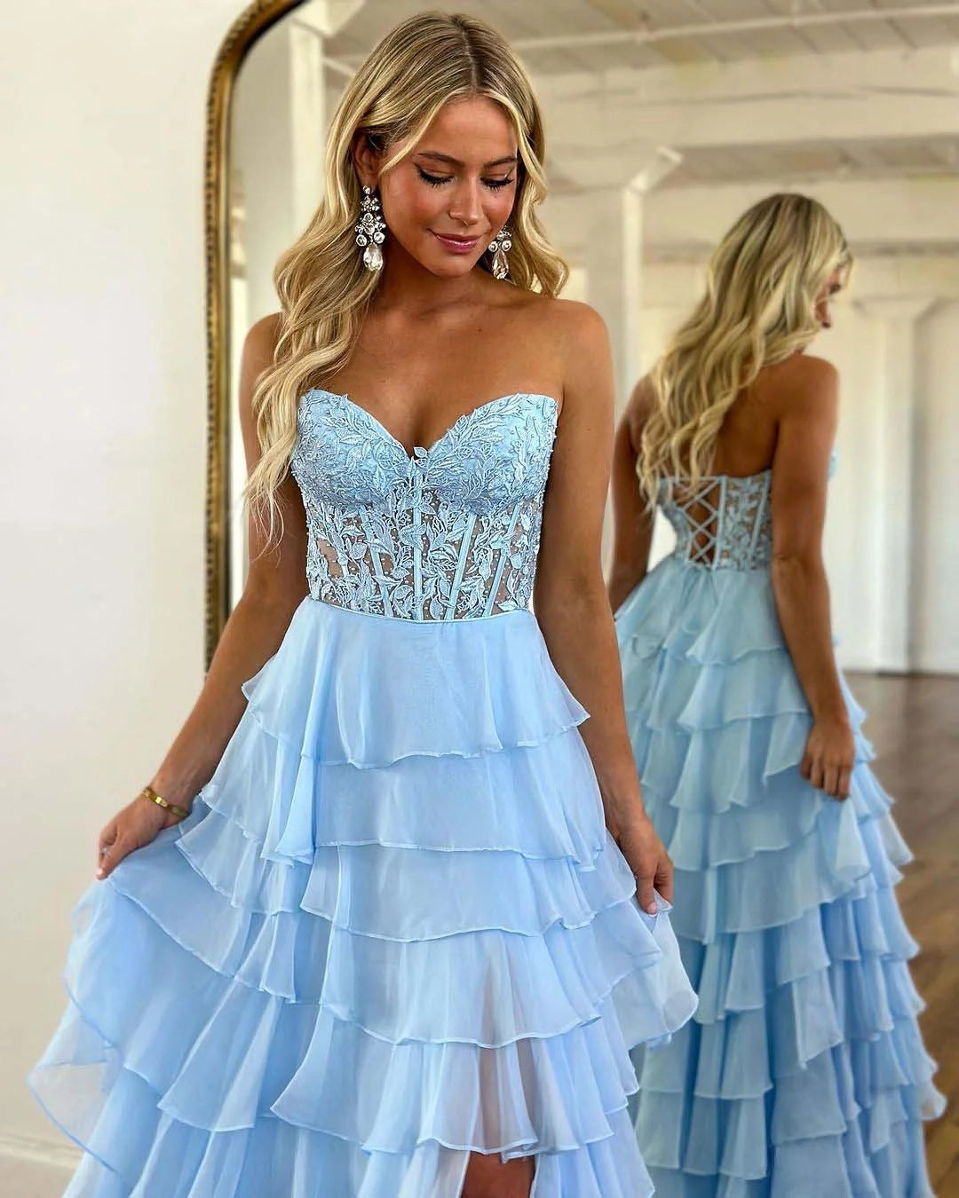 Romantic Strapless Lace Ruffle Sky Blue Maxi Party Dress